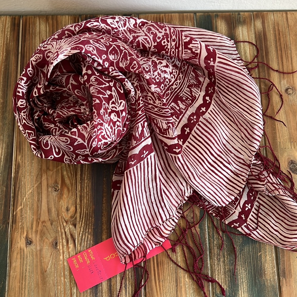 Love Shop Burgundy Batik Silk Scarf NWT